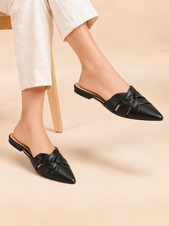 Cross Strap Pointed Toe Flat Mules