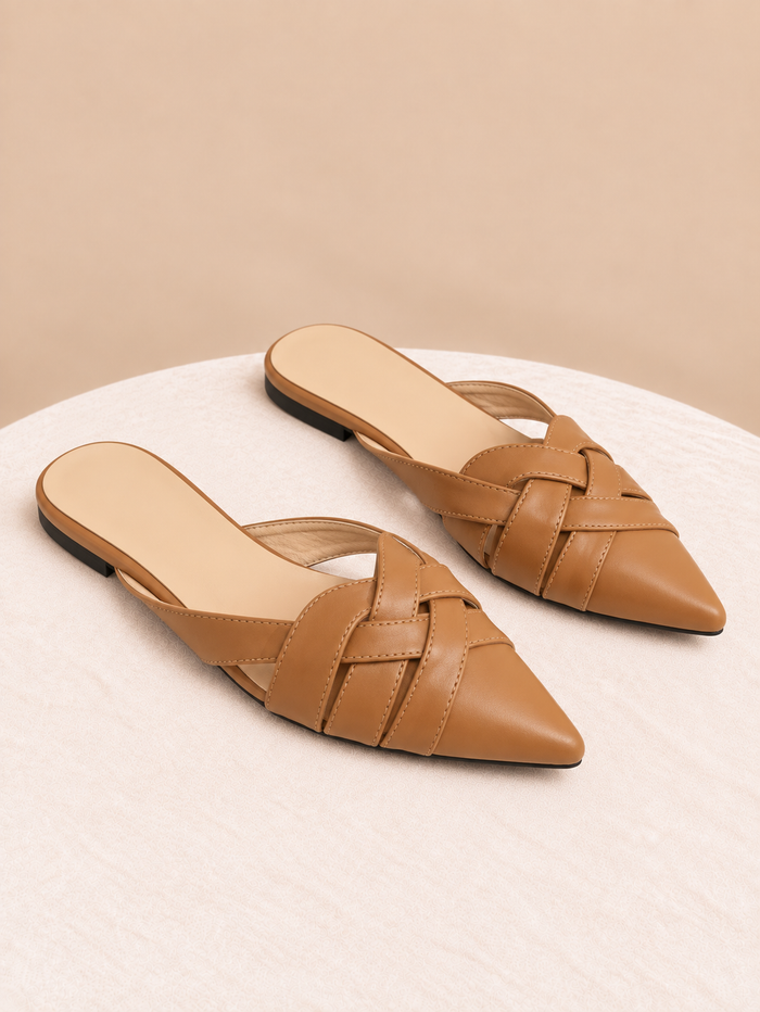 Cross Strap Pointed Toe Flat Mules