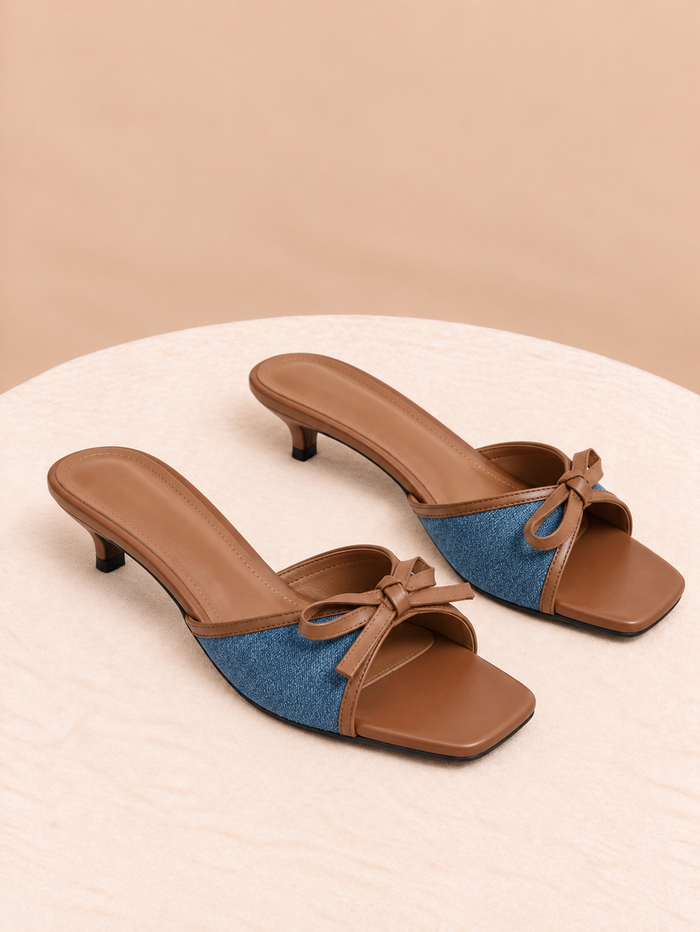 Denim Bow Kitten Heel Mule