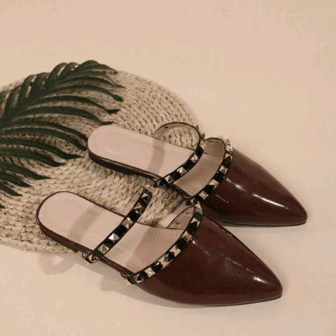 Glossy Pointed Toe Studded Slip-On