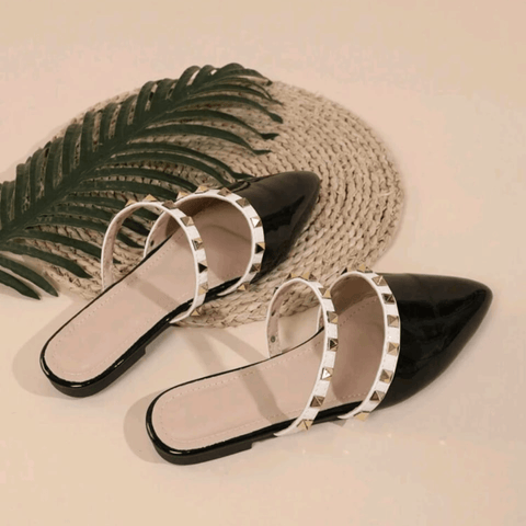 Glossy Pointed Toe Studded Slip-On