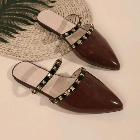 Glossy Pointed Toe Studded Slip-On