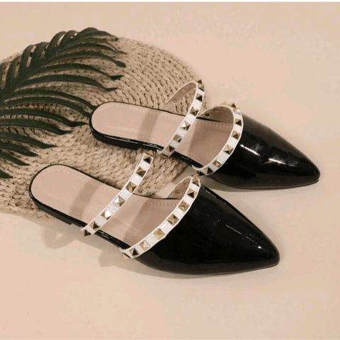 Glossy Pointed Toe Studded Slip-On