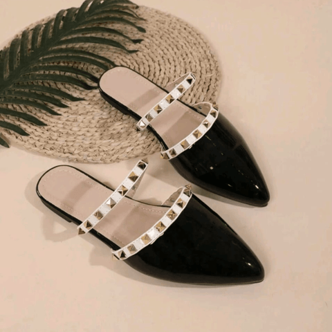 Glossy Pointed Toe Studded Slip-On