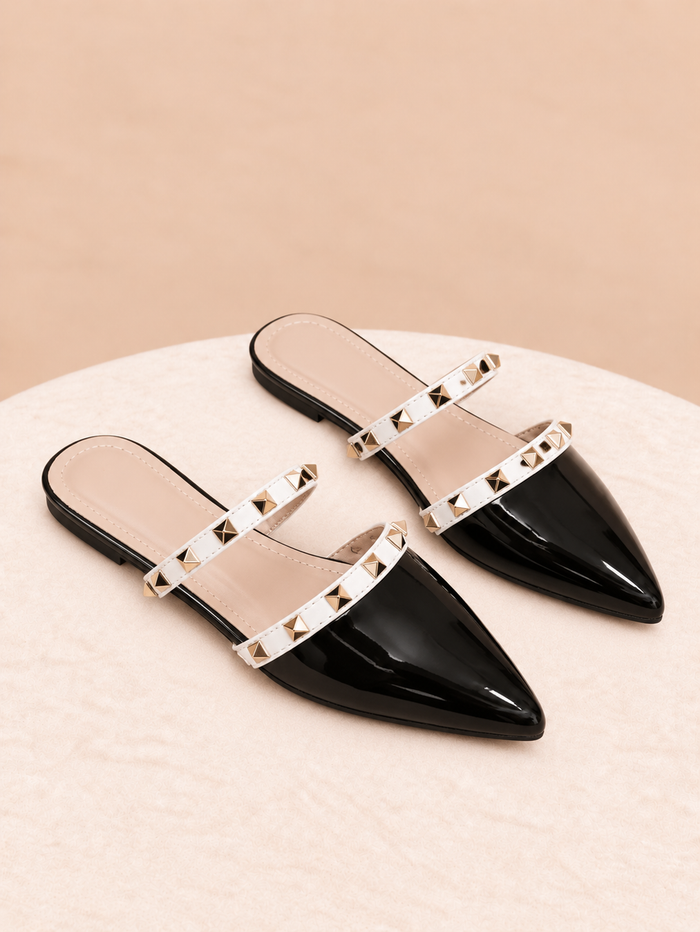 Glossy Pointed Toe Studded Slip-On