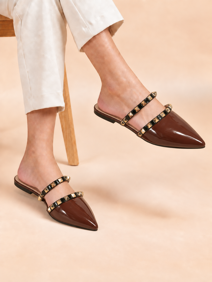 Glossy Pointed Toe Studded Slip-On
