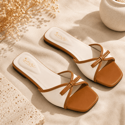 Two-Tone Bow Slide Sandals