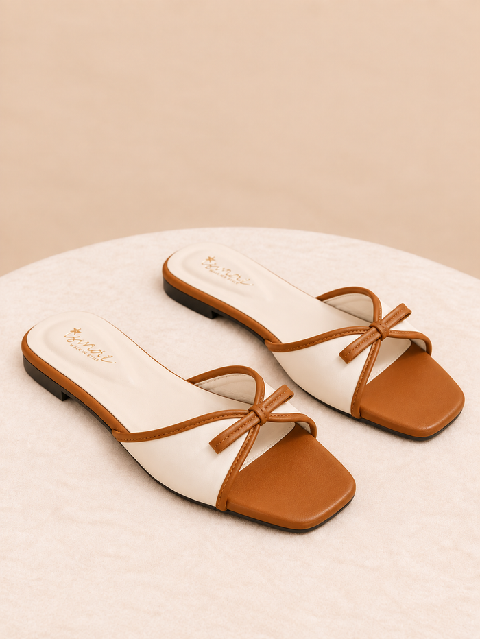 Two-Tone Bow Slide Sandals