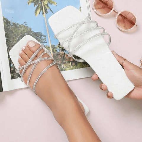 Glittery Strappy Square Toe Slides